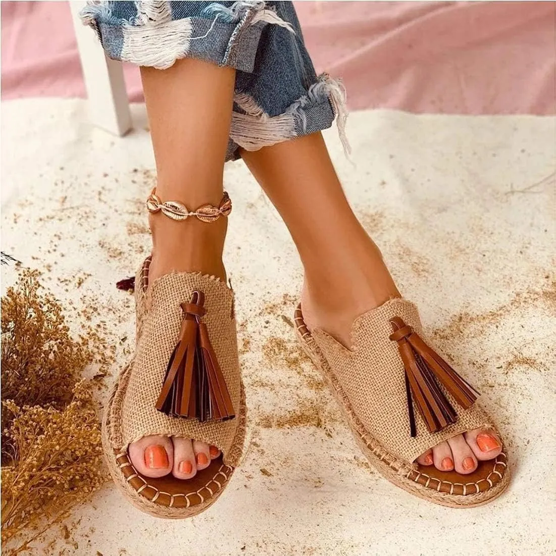 Sandals Women Flat Sole Tassel Slipper Beach Front Slip On Sandals Bohemia Fashion Casual Open Toe Non-Slip Flip Flop,06,37 (1 38 EU)