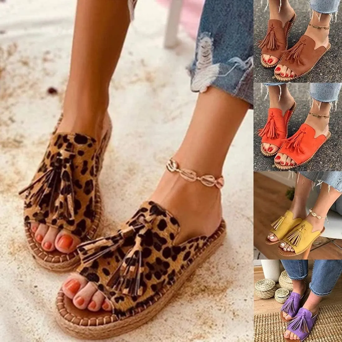 Sandals Women Flat Sole Tassel Slipper Beach Front Slip On Sandals Bohemia Fashion Casual Open Toe Non-Slip Flip Flop,06,37 (1 38 EU)
