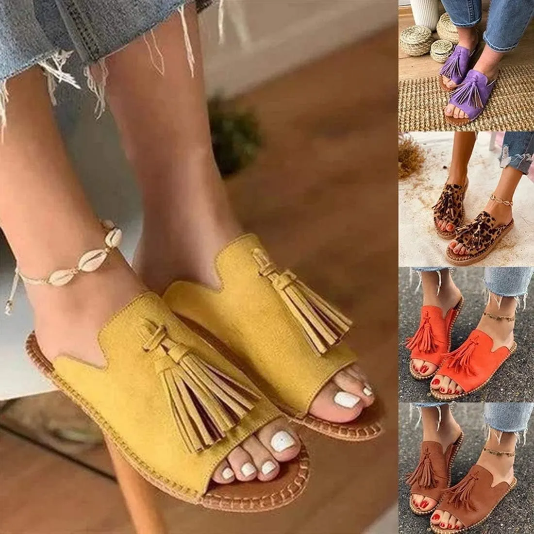 Sandals Women Flat Sole Tassel Slipper Beach Front Slip On Sandals Bohemia Fashion Casual Open Toe Non-Slip Flip Flop,06,37 (1 38 EU)