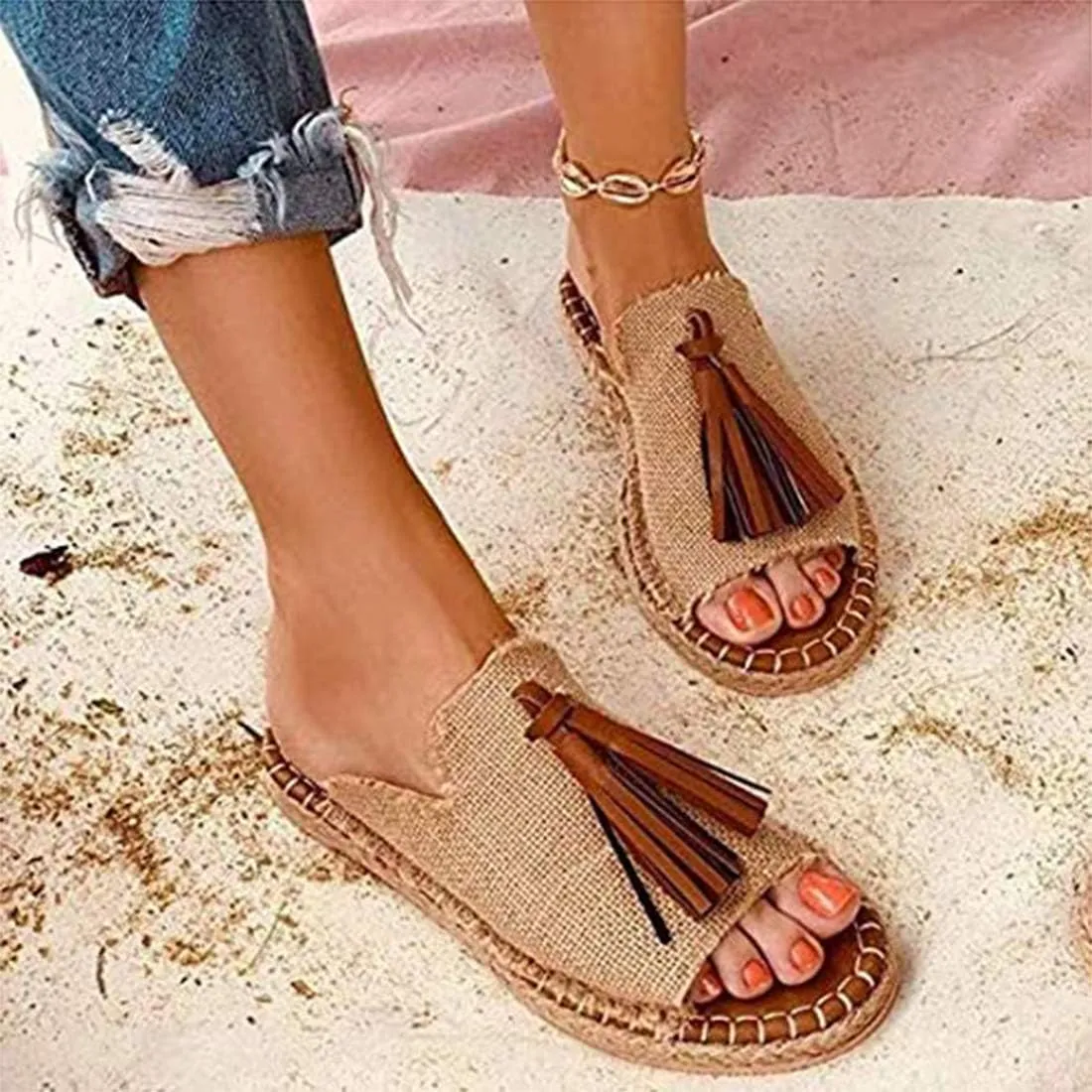 Sandals Women Flat Sole Tassel Slipper Beach Front Slip On Sandals Bohemia Fashion Casual Open Toe Non-Slip Flip Flop,06,37 (1 38 EU)