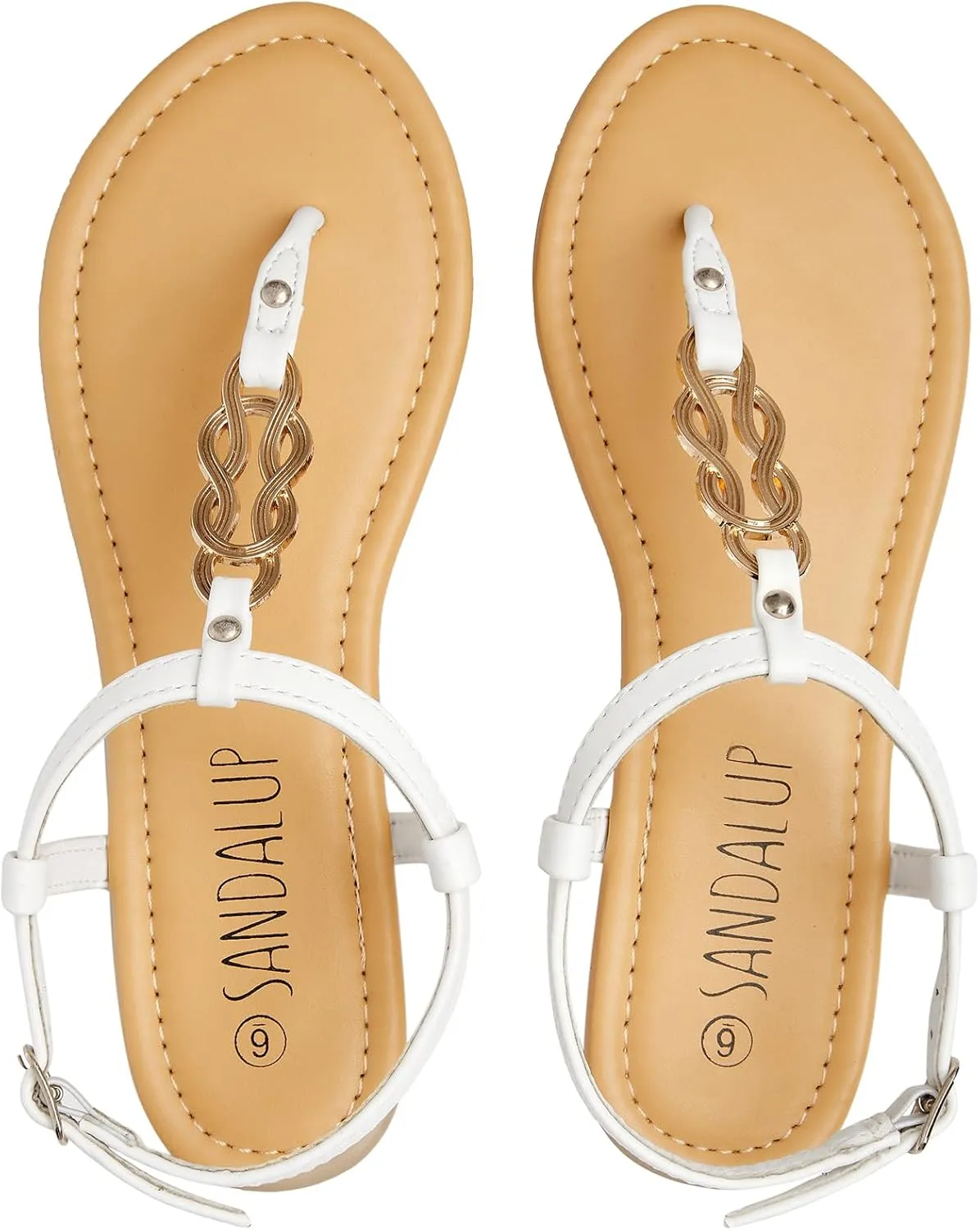 SANDALUP Thong Flat Sandals with Ring Metal and Adjustable Ankle Buckle for Women Summer