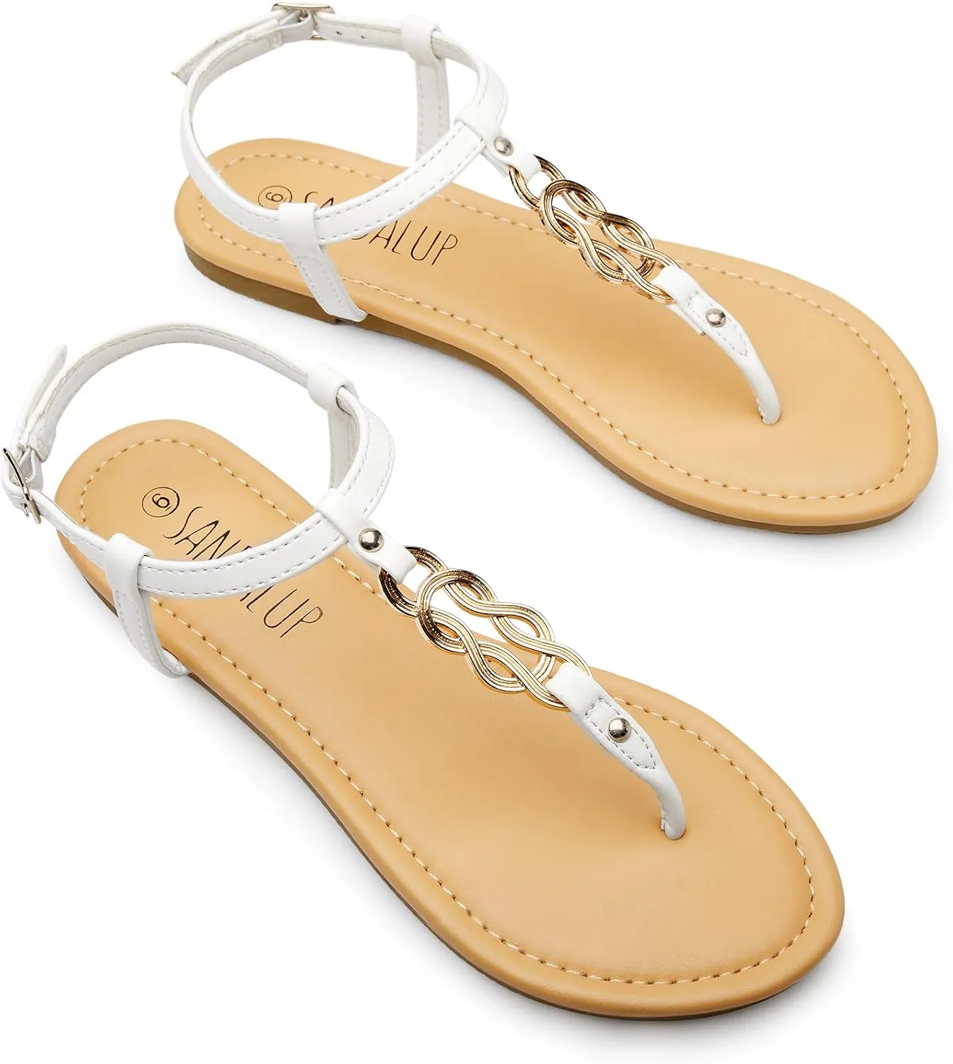 SANDALUP Thong Flat Sandals with Ring Metal and Adjustable Ankle Buckle for Women Summer