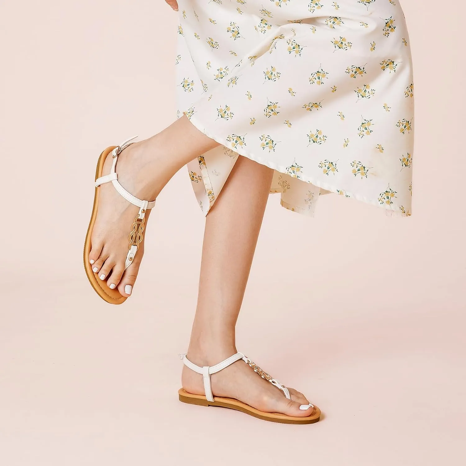 SANDALUP Thong Flat Sandals with Ring Metal and Adjustable Ankle Buckle for Women Summer
