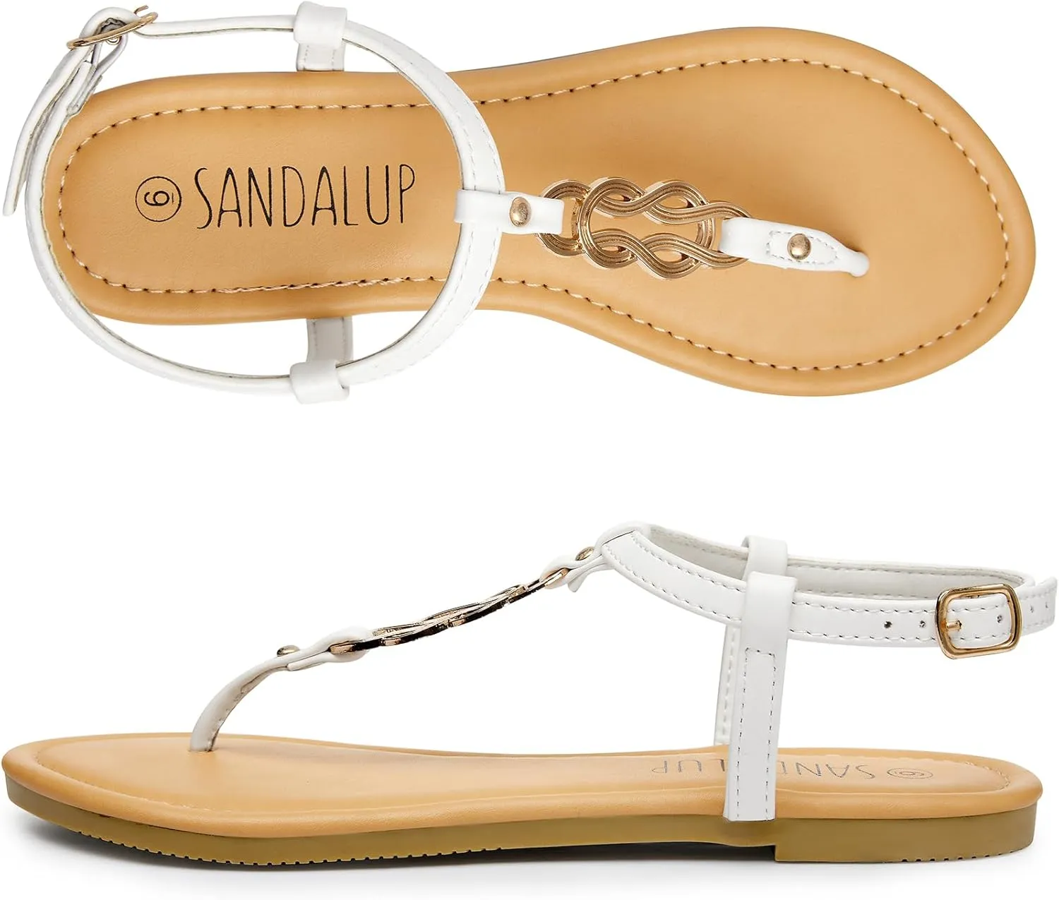 SANDALUP Thong Flat Sandals with Ring Metal and Adjustable Ankle Buckle for Women Summer