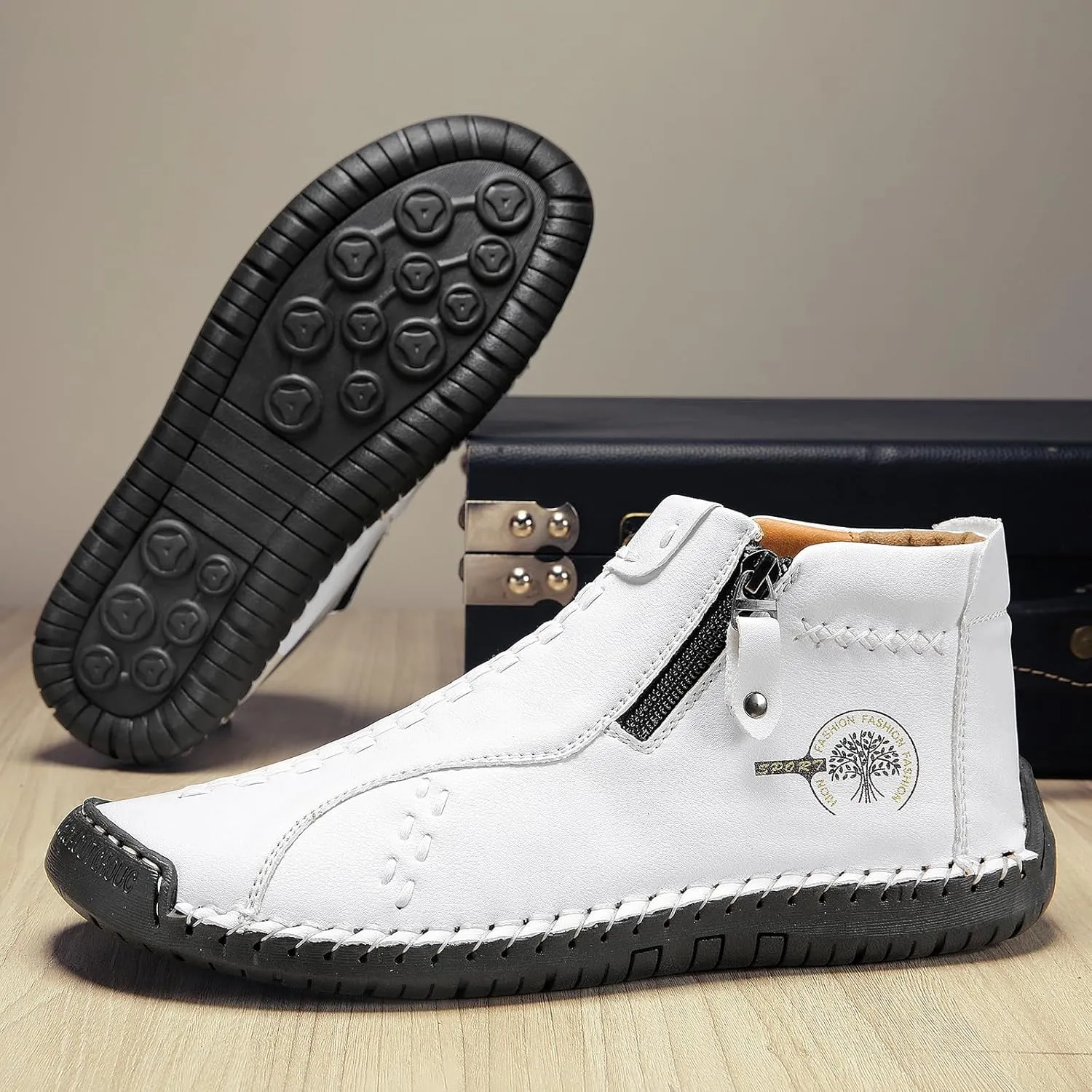 Sanearde Men's Chukka Boots Handmade Casual Leather Loafers Non Slip Hiking Ankle Booties Fashion Comfortable Driving Shoes