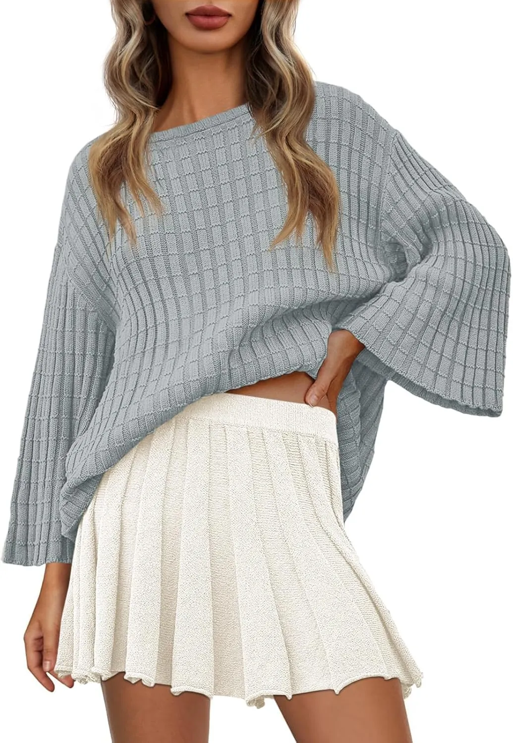 Saodimallsu Womens Oversized Sweaters 3/4 Sleeve Crew Neck Casual Loose Fit Soft Knit Tunic Sweater Tops