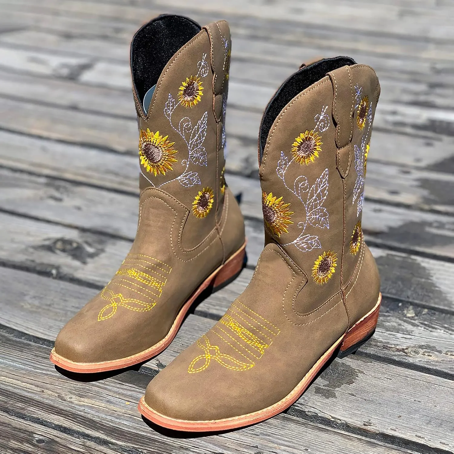 SBGMoSJ Cowgirl Cowboy Boots Brown Leather Wide Calf Boots Women Knee High Extra Wide Calf White Cowgirl Boots Women's Cowgirl Boots Brown Mid Calf Women Cowboy Boots Square Toe Wide