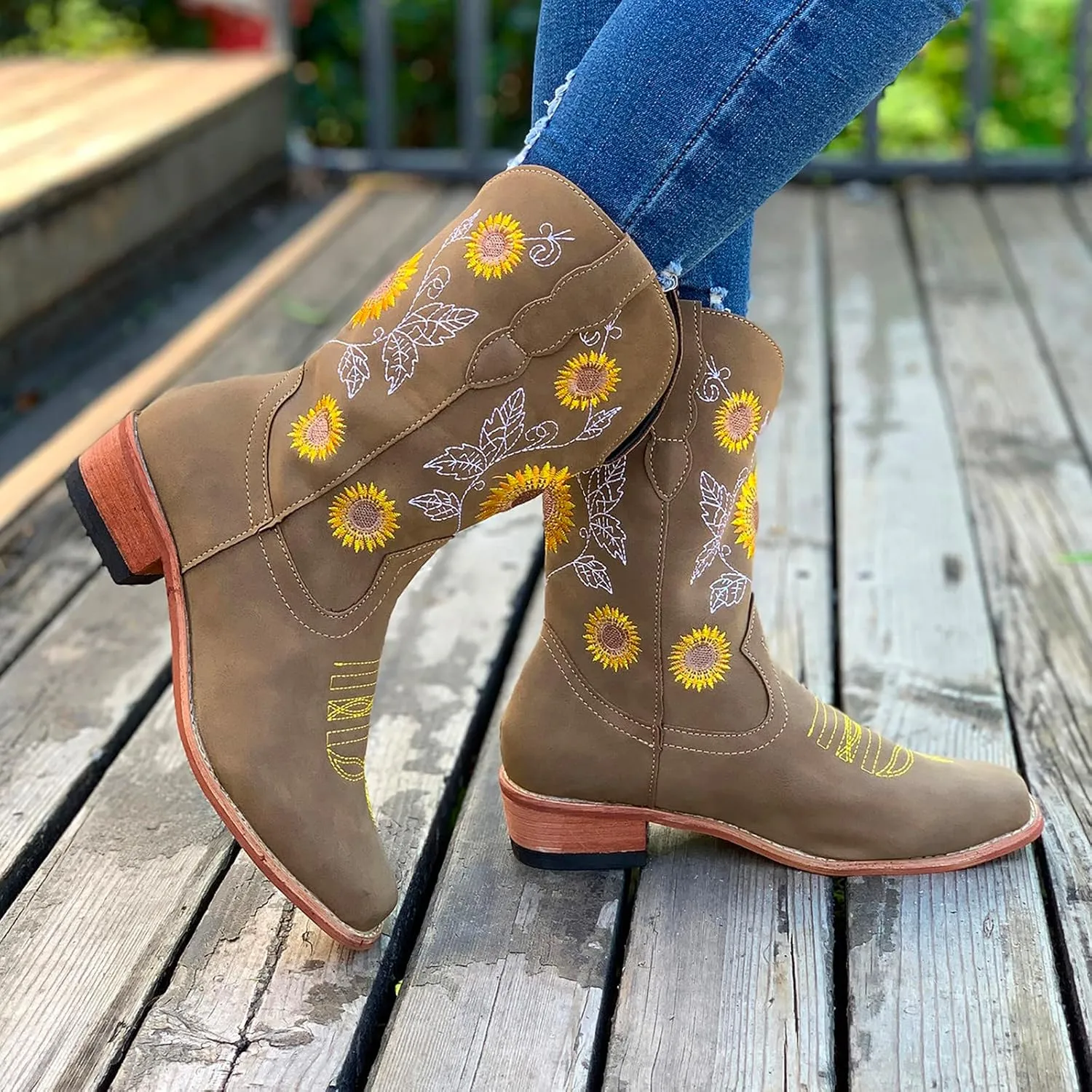 SBGMoSJ Cowgirl Cowboy Boots Brown Leather Wide Calf Boots Women Knee High Extra Wide Calf White Cowgirl Boots Women's Cowgirl Boots Brown Mid Calf Women Cowboy Boots Square Toe Wide