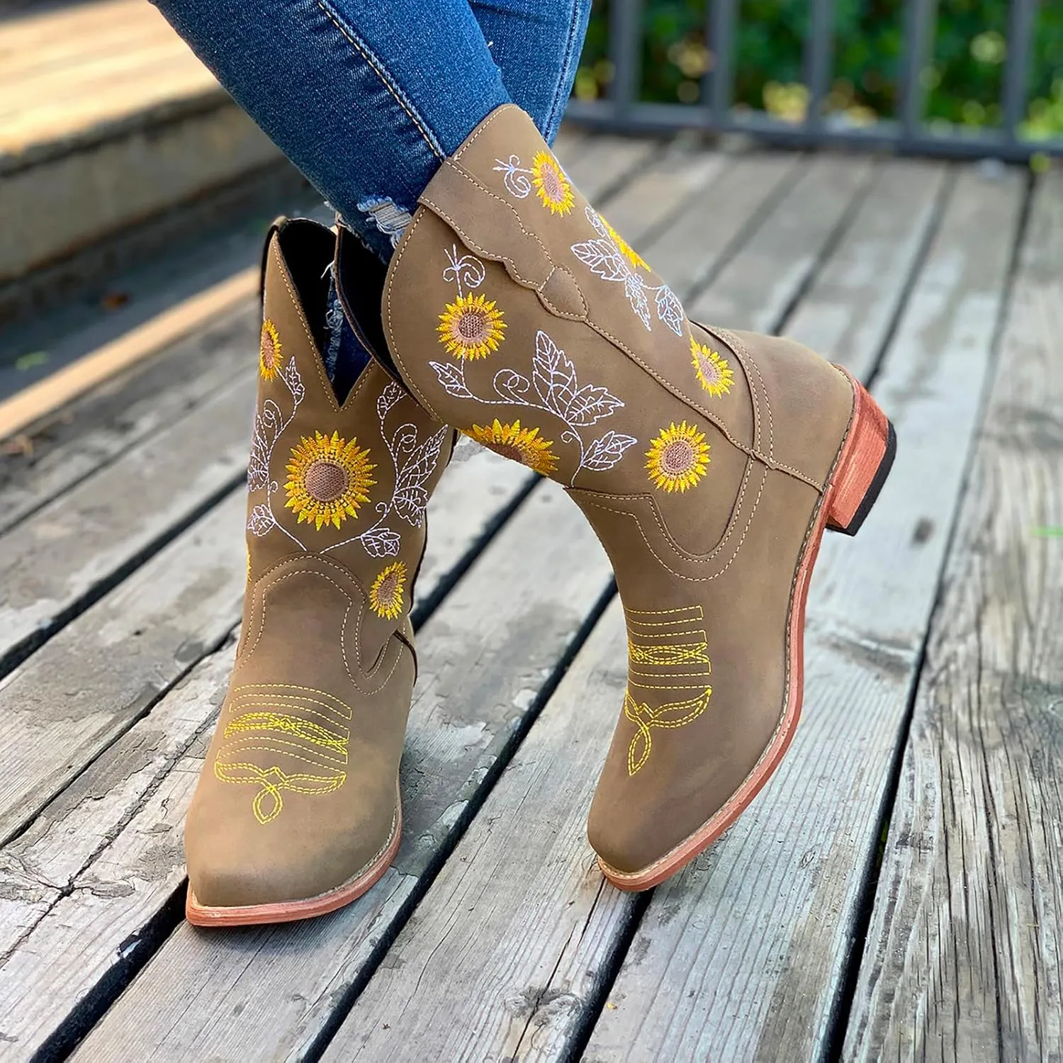 SBGMoSJ Cowgirl Cowboy Boots Brown Leather Wide Calf Boots Women Knee High Extra Wide Calf White Cowgirl Boots Women's Cowgirl Boots Brown Mid Calf Women Cowboy Boots Square Toe Wide
