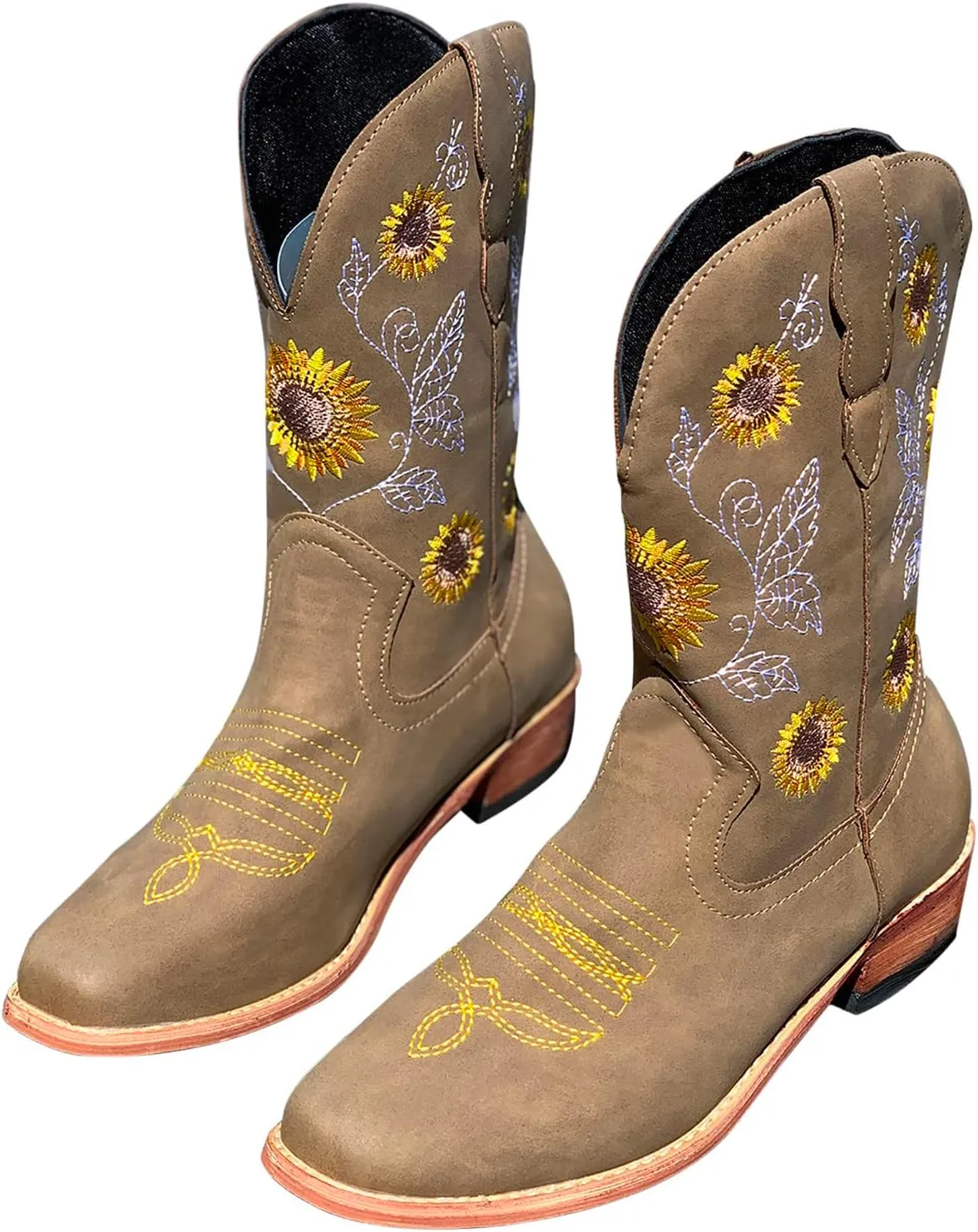 SBGMoSJ Cowgirl Cowboy Boots Brown Leather Wide Calf Boots Women Knee High Extra Wide Calf White Cowgirl Boots Women's Cowgirl Boots Brown Mid Calf Women Cowboy Boots Square Toe Wide