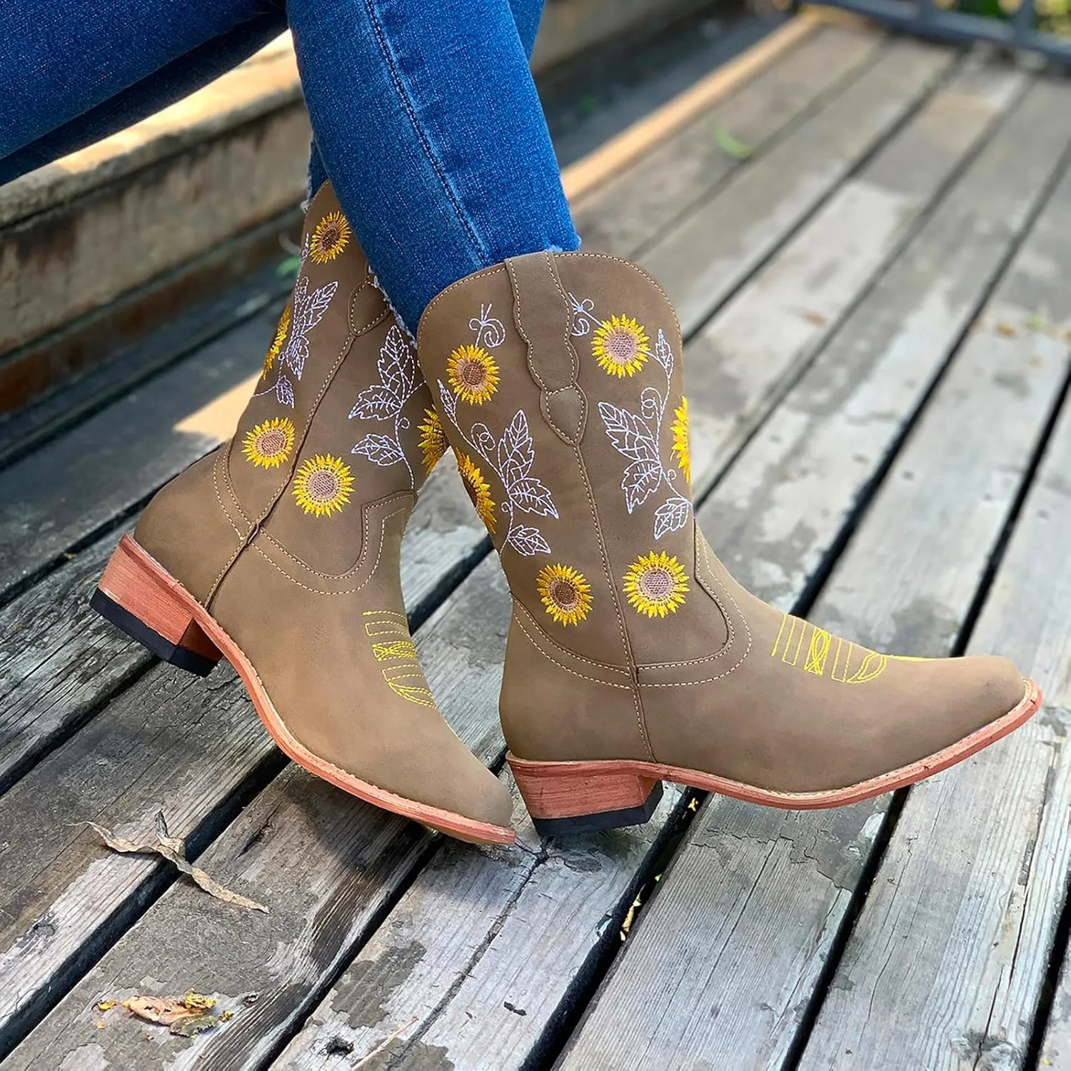 SBGMoSJ Cowgirl Cowboy Boots Brown Leather Wide Calf Boots Women Knee High Extra Wide Calf White Cowgirl Boots Women's Cowgirl Boots Brown Mid Calf Women Cowboy Boots Square Toe Wide