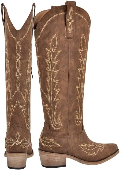 sexytag Cowboy Boots for Women Knee High Cowgirl Boots Wide Calf Embroidered Western Boots
