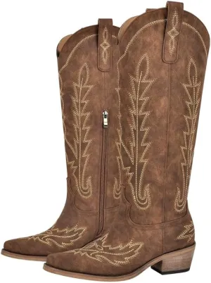 sexytag Cowboy Boots for Women Knee High Cowgirl Boots Wide Calf Embroidered Western Boots