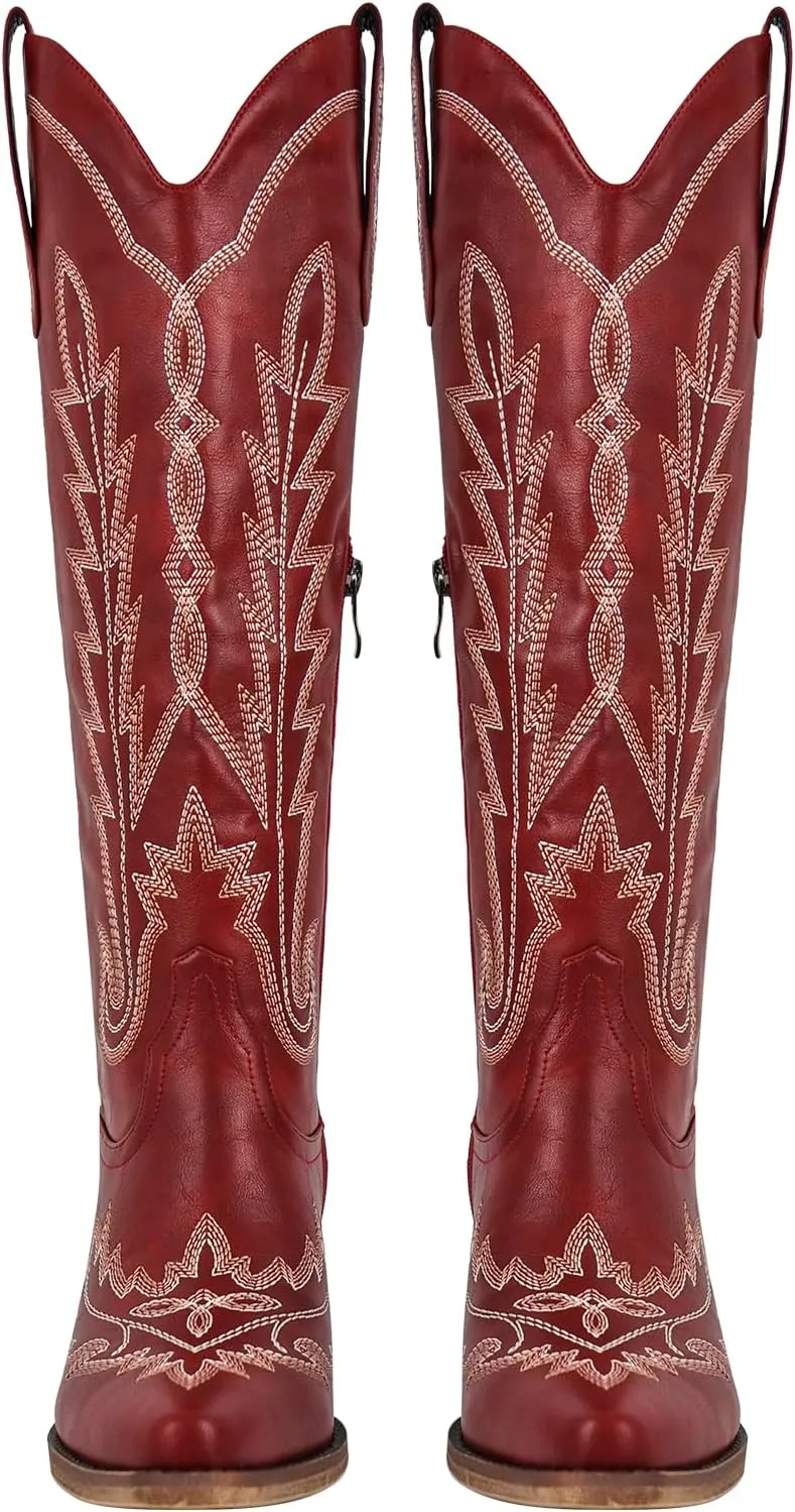 sexytag Cowboy Boots for Women Knee High Cowgirl Boots Wide Calf Embroidered Western Boots