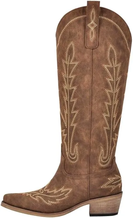 sexytag Cowboy Boots for Women Knee High Cowgirl Boots Wide Calf Embroidered Western Boots