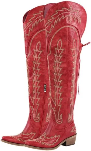 sexytag Cowgirl Boots Thigh High Wide Calf Embroidered Western Cowboy Boots