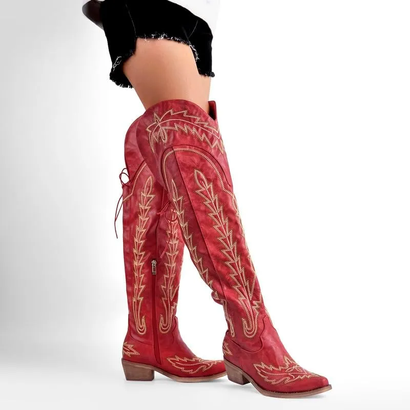 sexytag Cowgirl Boots Thigh High Wide Calf Embroidered Western Cowboy Boots
