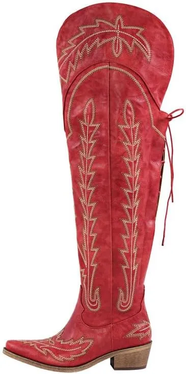 sexytag Cowgirl Boots Thigh High Wide Calf Embroidered Western Cowboy Boots