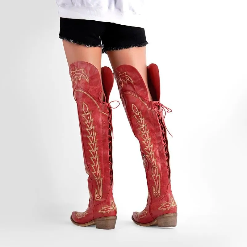sexytag Cowgirl Boots Thigh High Wide Calf Embroidered Western Cowboy Boots