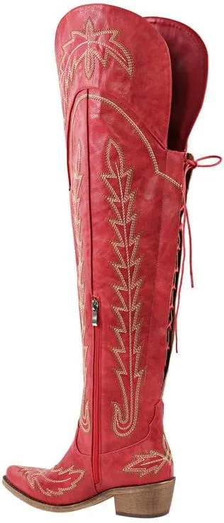 sexytag Cowgirl Boots Thigh High Wide Calf Embroidered Western Cowboy Boots