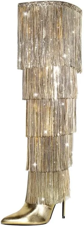 sexytag Metallic Silver Fringe Thigh High Wide Calf Boots Stiletto Heels Over the Knee Tassal Boots