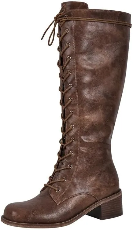 sexytag Women's Knee High Boots Lace up Riding Combat Wide Calf Boots