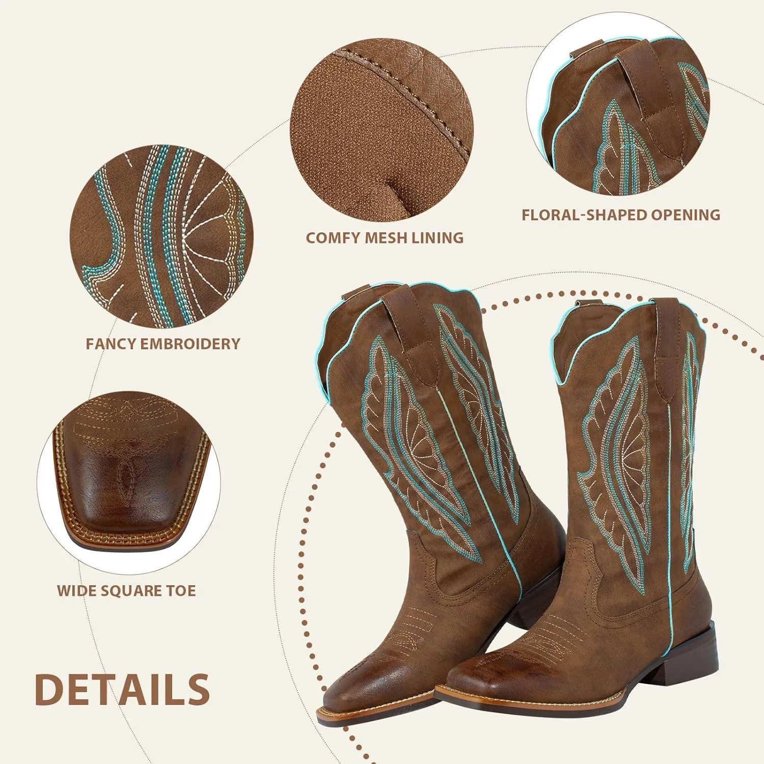 SheSole Square Toe Cowboy Boots For Women Wide Calf Ladies Fashion Western Cowgirl Boots