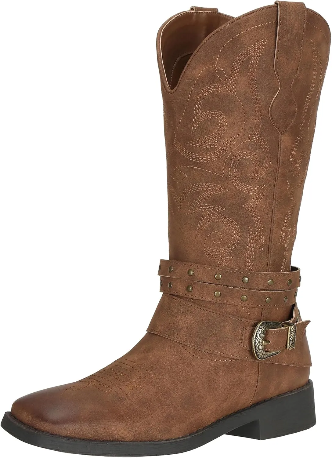 SheSole Women's Cowgirl Boots with Buckles Wide Mid Calf Western Cowboy Boots Square Toe