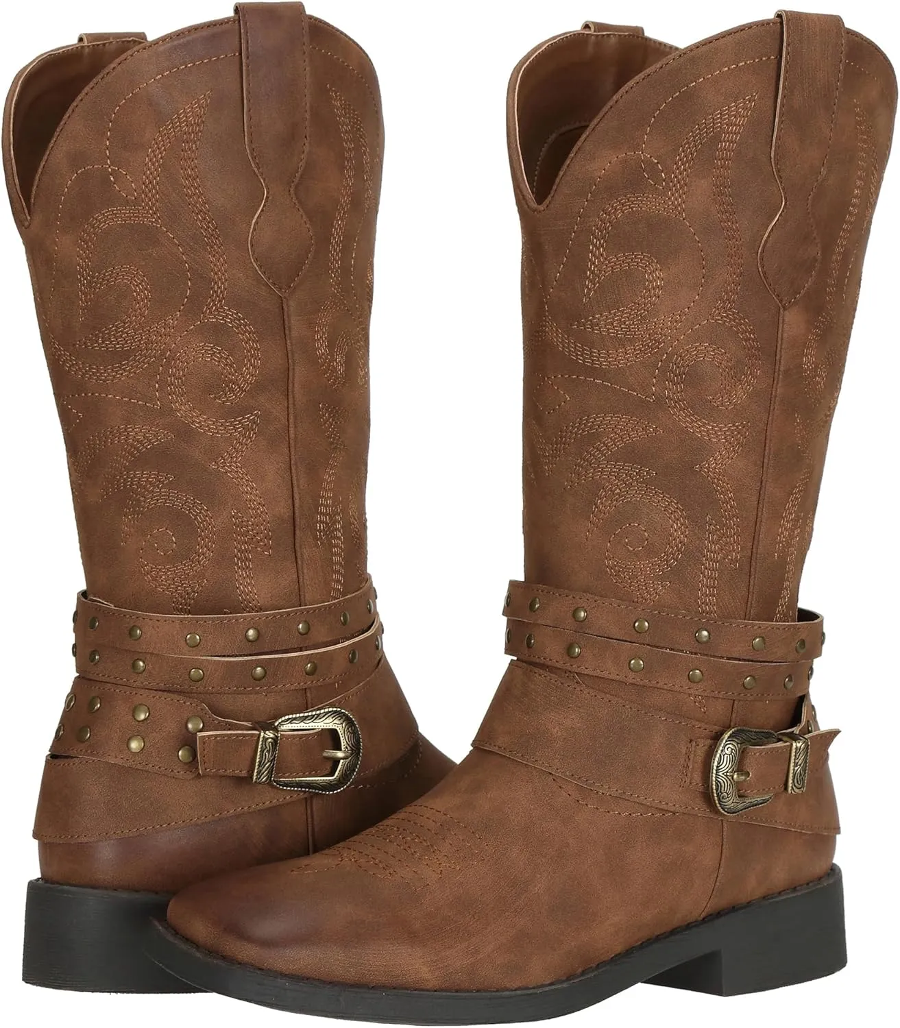 SheSole Women's Cowgirl Boots with Buckles Wide Mid Calf Western Cowboy Boots Square Toe