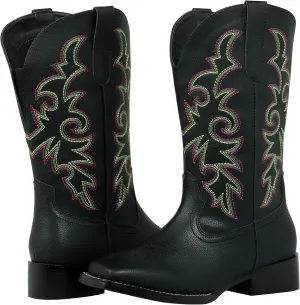 SheSole Women's Extra Wide Calf Cowboy Boots Square Toe – Pull-On Western Boots for Thick Calves, Stretch Comfort & Removable Insole, Classic Floral