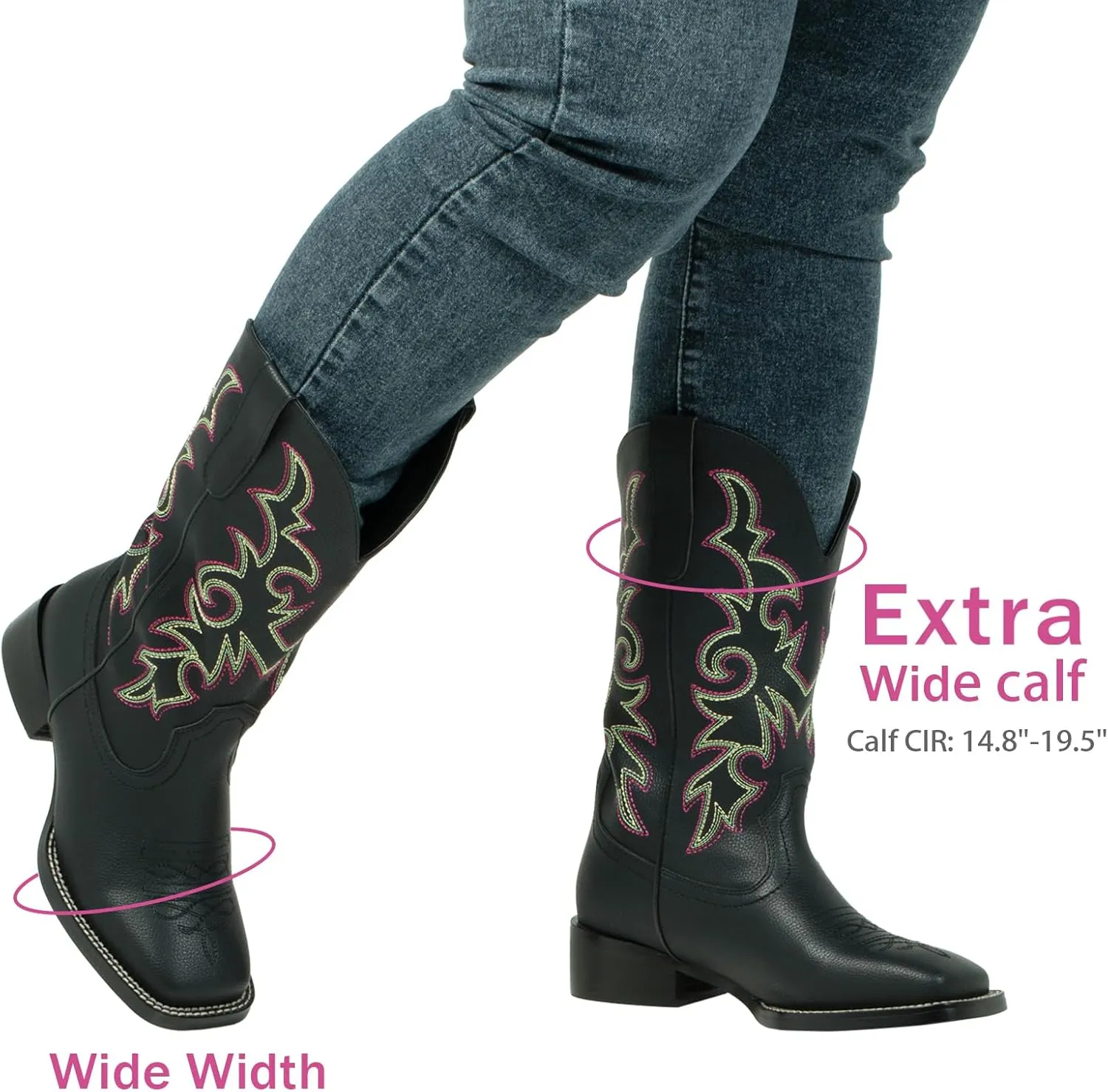 SheSole Women's Extra Wide Calf Cowboy Boots Square Toe – Pull-On Western Boots for Thick Calves, Stretch Comfort & Removable Insole, Classic Floral