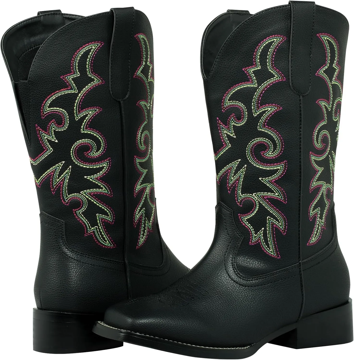 SheSole Women's Extra Wide Calf Cowboy Boots Square Toe – Pull-On Western Boots for Thick Calves, Stretch Comfort & Removable Insole, Classic Floral