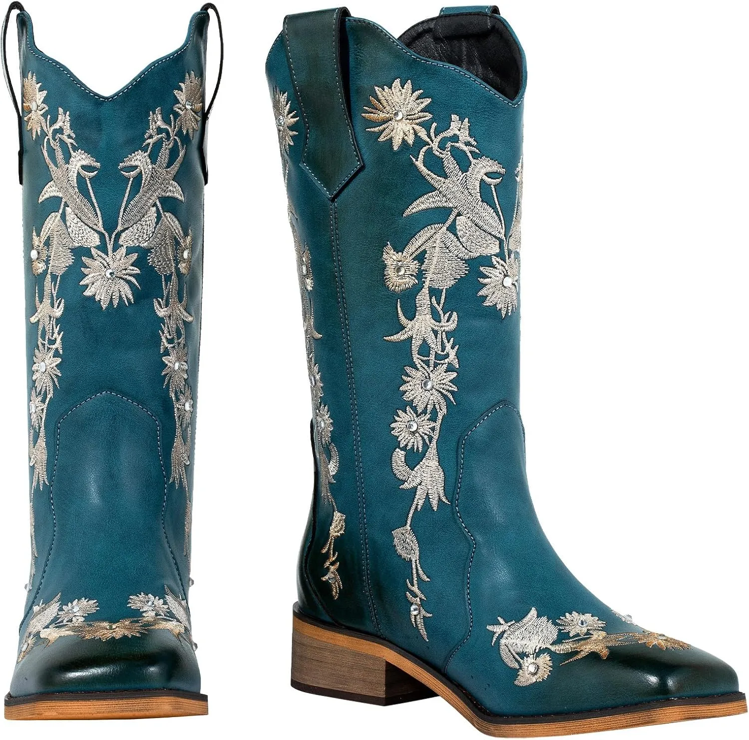 SheSole Women's Floral Rhinestones Square Toe Cowboy Boots Western Country Wedding Cowgirl Boots Wide Calf