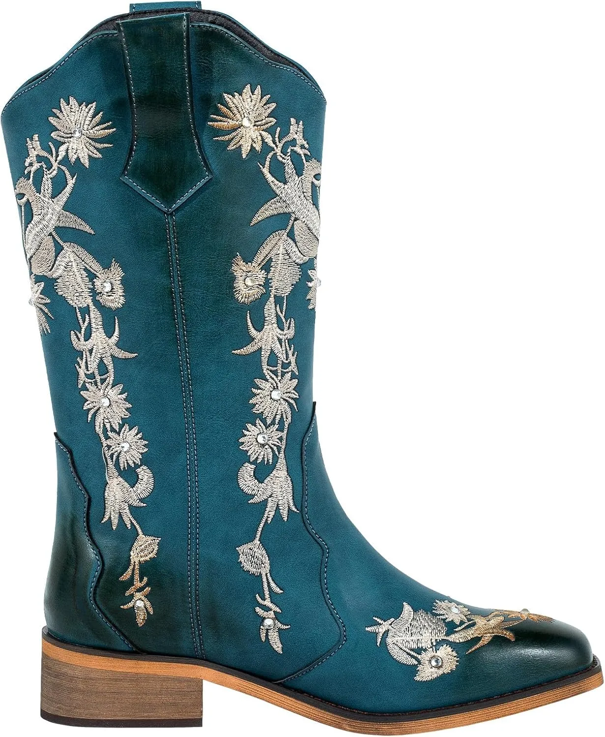 SheSole Women's Floral Rhinestones Square Toe Cowboy Boots Western Country Wedding Cowgirl Boots Wide Calf