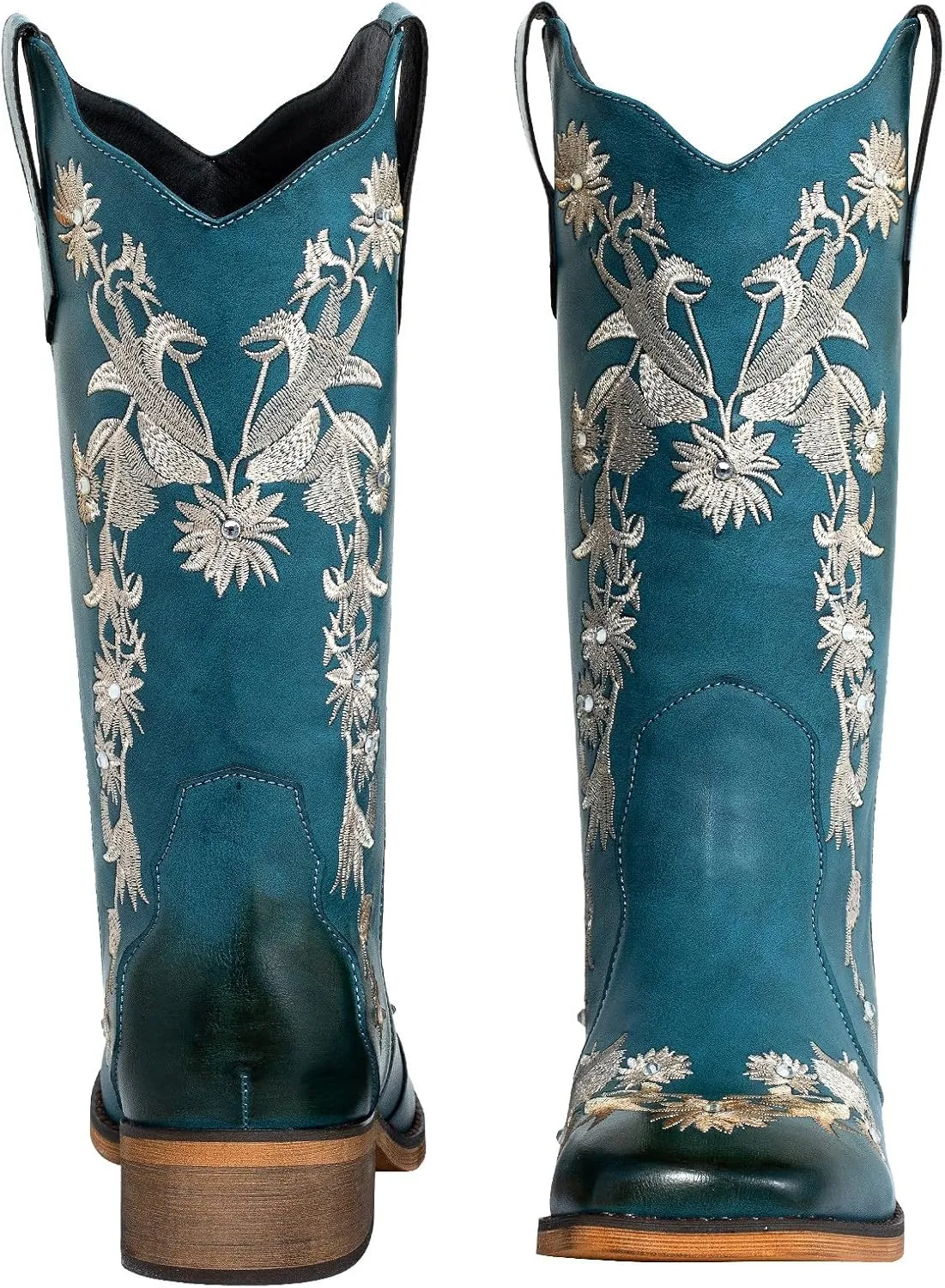 SheSole Women's Floral Rhinestones Square Toe Cowboy Boots Western Country Wedding Cowgirl Boots Wide Calf