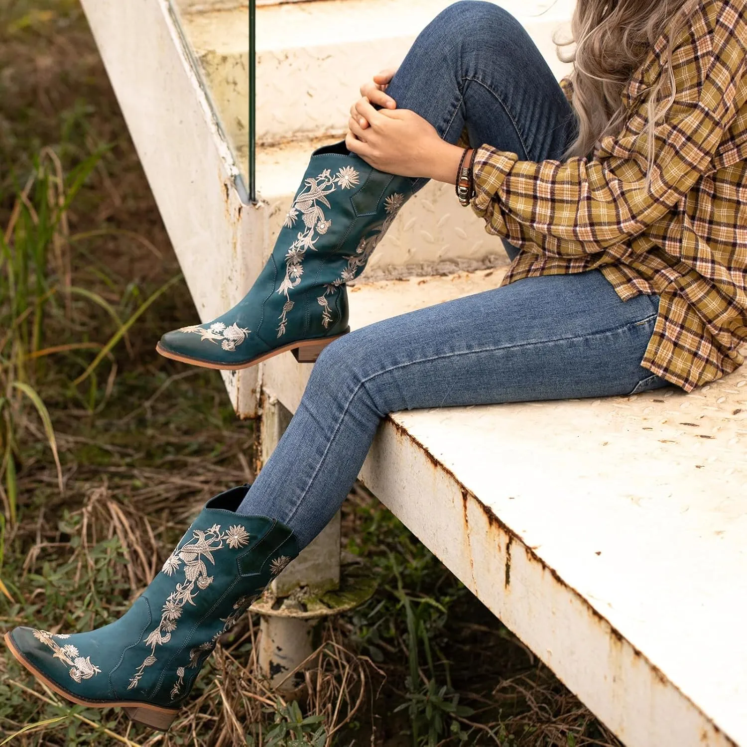 SheSole Women's Floral Rhinestones Square Toe Cowboy Boots Western Country Wedding Cowgirl Boots Wide Calf