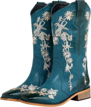 SheSole Women's Floral Rhinestones Square Toe Cowboy Boots Western Country Wedding Cowgirl Boots Wide Calf