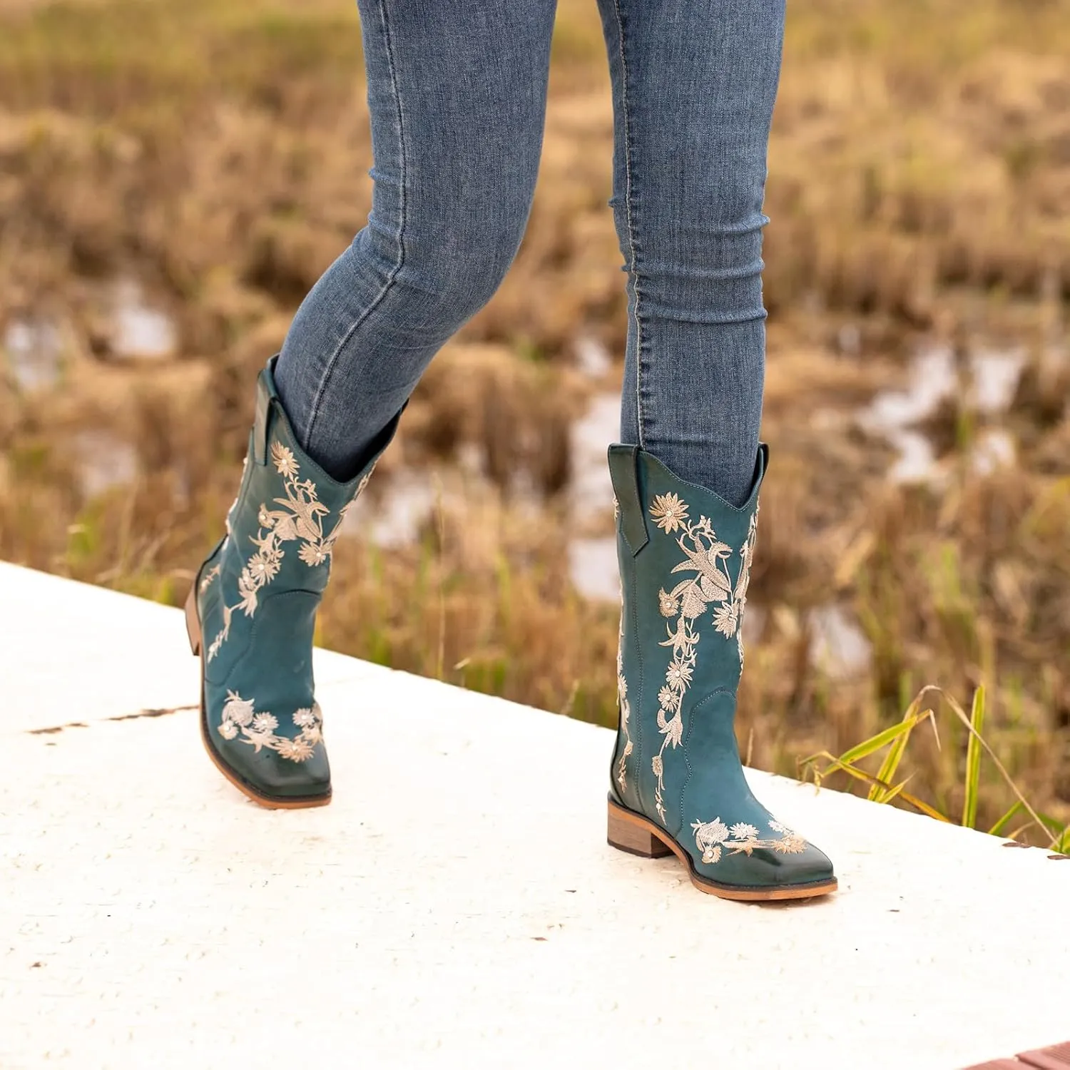 SheSole Women's Floral Rhinestones Square Toe Cowboy Boots Western Country Wedding Cowgirl Boots Wide Calf