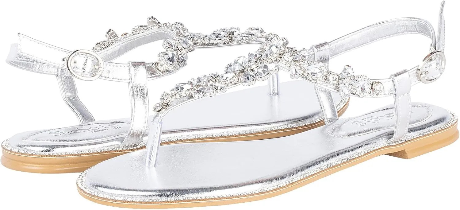 SheSole Women's Sparkly Rhinestone T-Strap Silver Flat Sandals Dressy Thong Beach Wedding Shoes