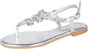 SheSole Women's Sparkly Rhinestone T-Strap Silver Flat Sandals Dressy Thong Beach Wedding Shoes