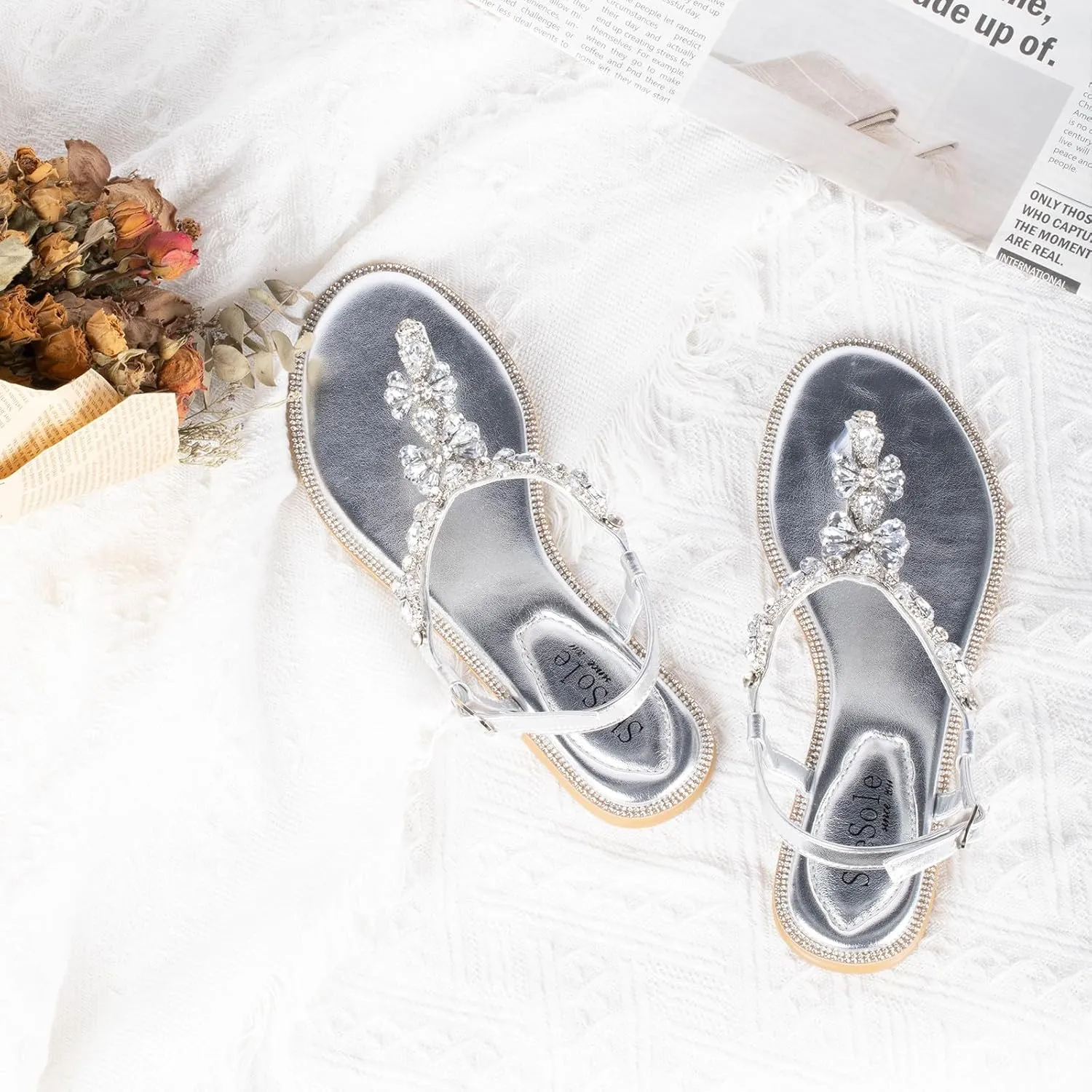SheSole Women's Sparkly Rhinestone T-Strap Silver Flat Sandals Dressy Thong Beach Wedding Shoes