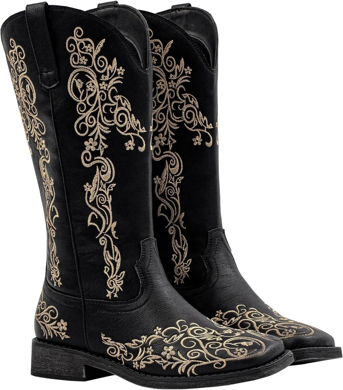 SheSole Women's Square Toe Cowboy Boots Floral Embroidered Cowgirl Western Boots Wide Calf