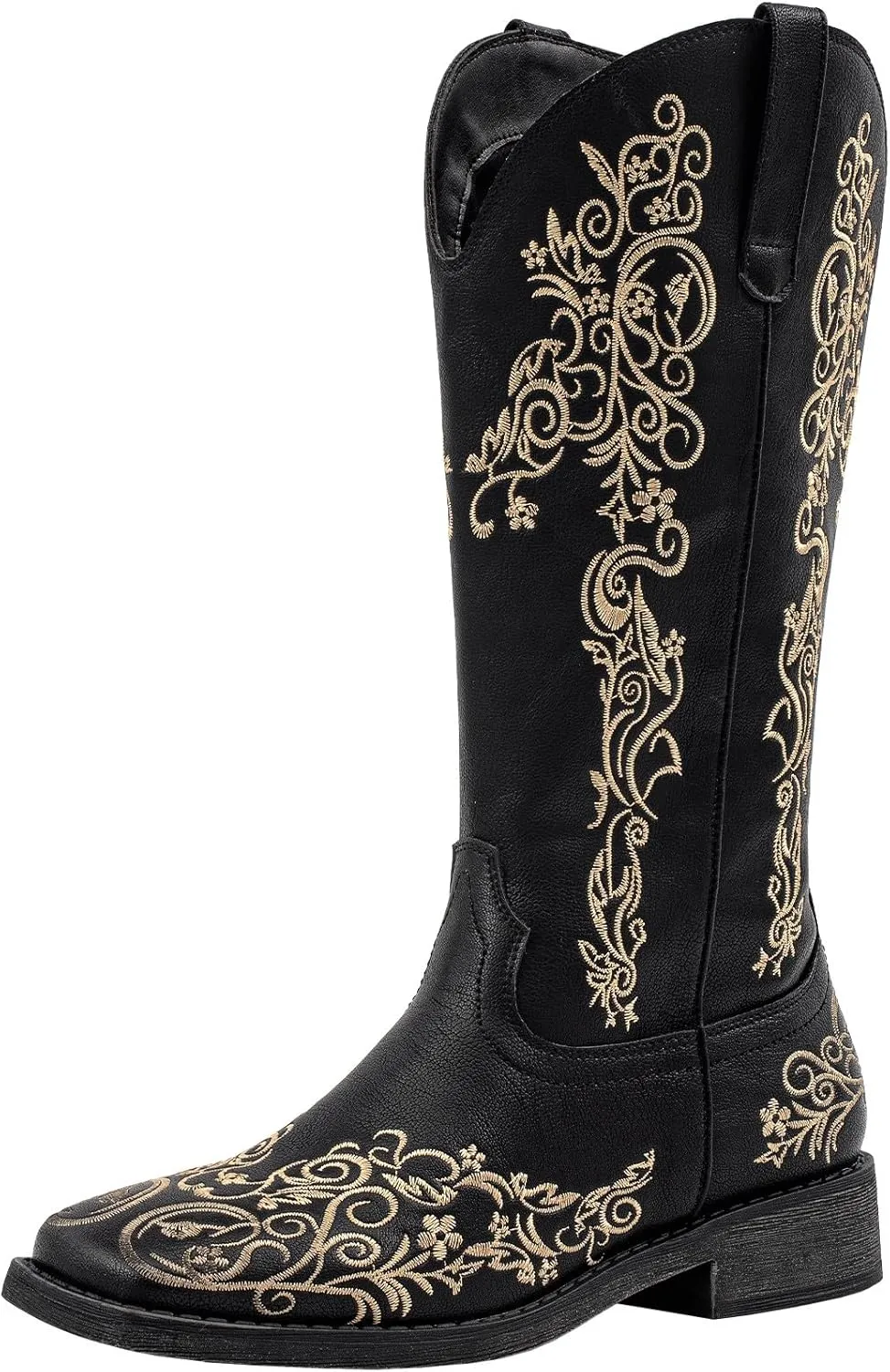 SheSole Women's Square Toe Cowboy Boots Floral Embroidered Cowgirl Western Boots Wide Calf