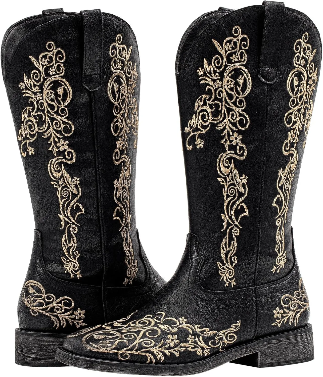 SheSole Women's Square Toe Cowboy Boots Floral Embroidered Cowgirl Western Boots Wide Calf