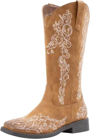 SheSole Women's Square Toe Cowboy Boots Floral Embroidered Cowgirl Western Boots Wide Calf