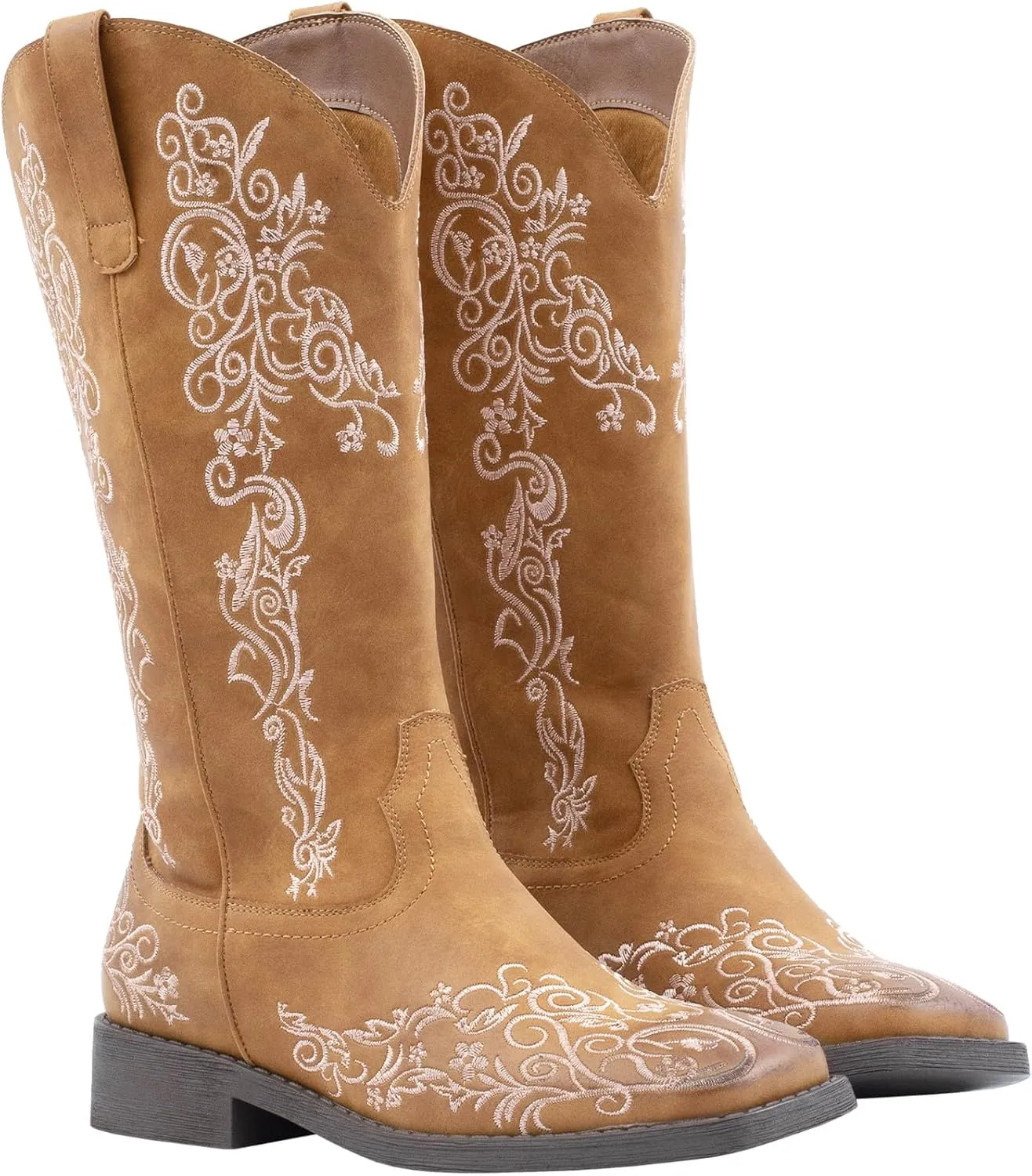 SheSole Women's Square Toe Cowboy Boots Floral Embroidered Cowgirl Western Boots Wide Calf