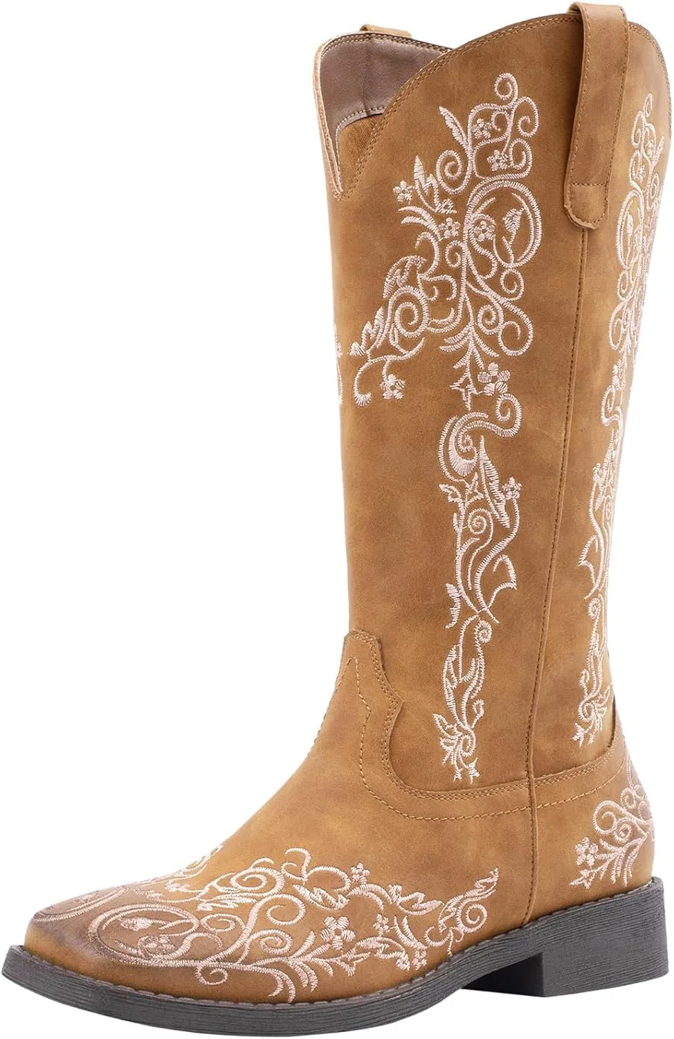 SheSole Women's Square Toe Cowboy Boots Floral Embroidered Cowgirl Western Boots Wide Calf