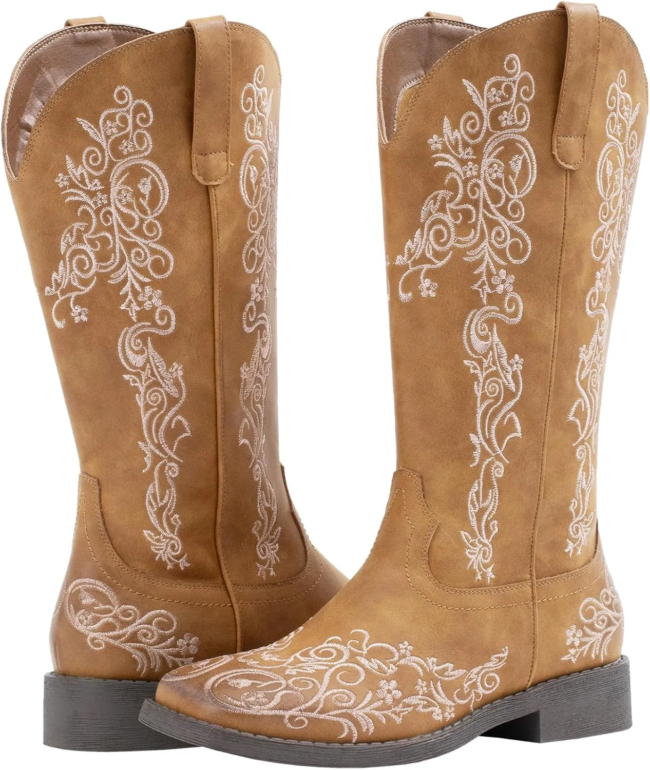 SheSole Women's Square Toe Cowboy Boots Floral Embroidered Cowgirl Western Boots Wide Calf