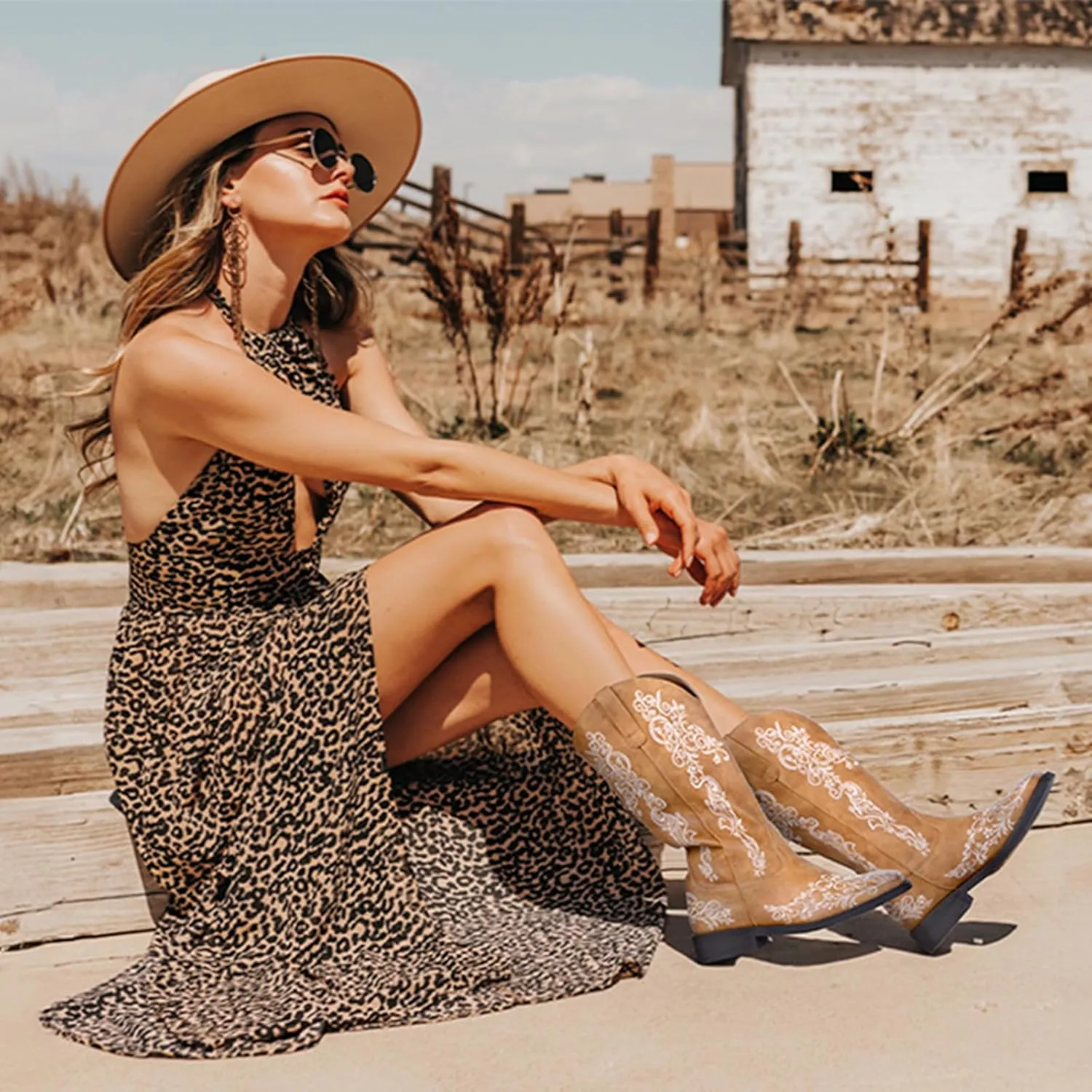 SheSole Women's Square Toe Cowboy Boots Floral Embroidered Cowgirl Western Boots Wide Calf