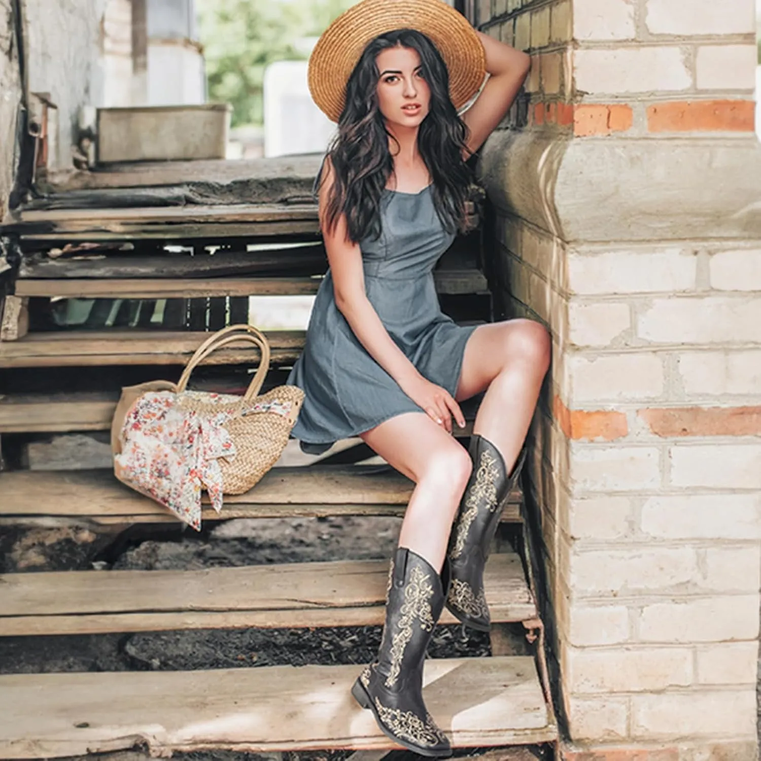 SheSole Women's Square Toe Cowboy Boots Floral Embroidered Cowgirl Western Boots Wide Calf
